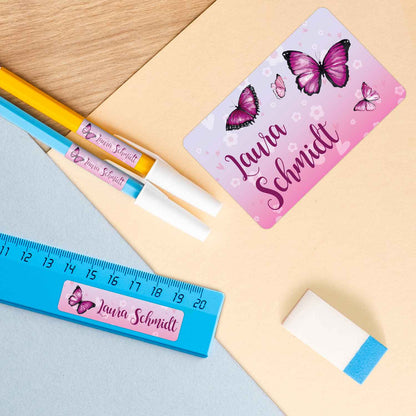 Schuletiketten mit Namen - Schmetterling Design - 100 Aufkleber in verschiedenen Größen