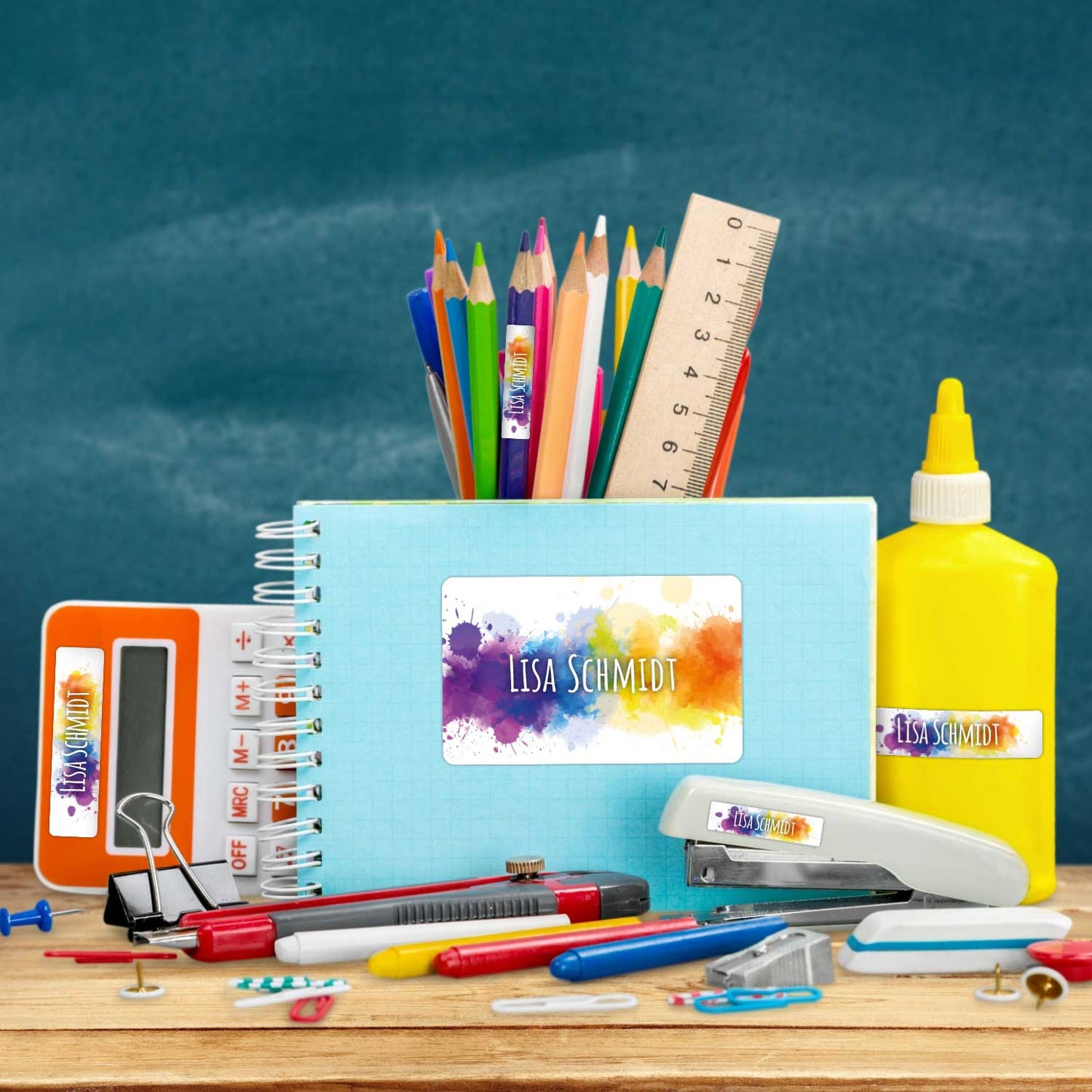 Schuletiketten mit Namen - Color Splash Design - 100 Aufkleber in verschiedenen Größen