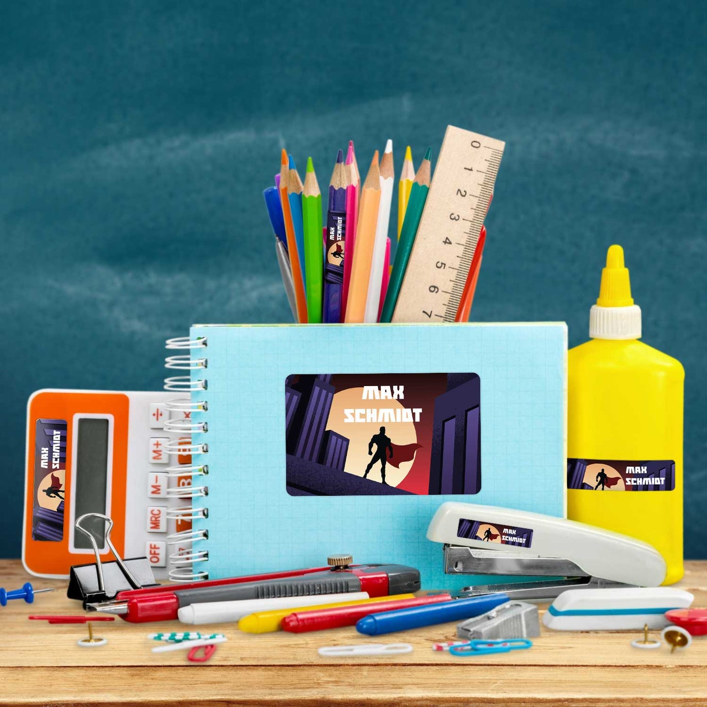 Schuletiketten mit Namen - Superheld Design - 100 Aufkleber in verschiedenen Größen