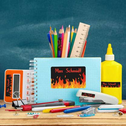 Schuletiketten mit Namen - Flammen Design - 100 Aufkleber in verschiedenen Größen