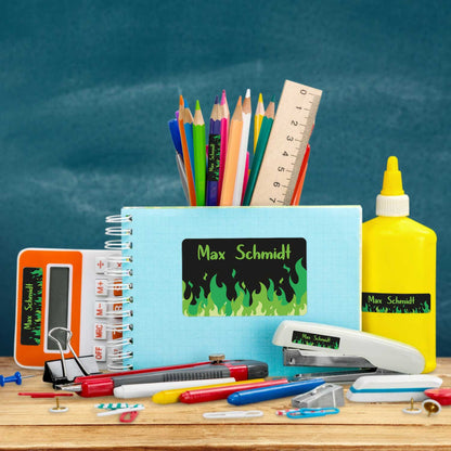 Schuletiketten mit Namen - Flammen Design - 100 Aufkleber in verschiedenen Größen