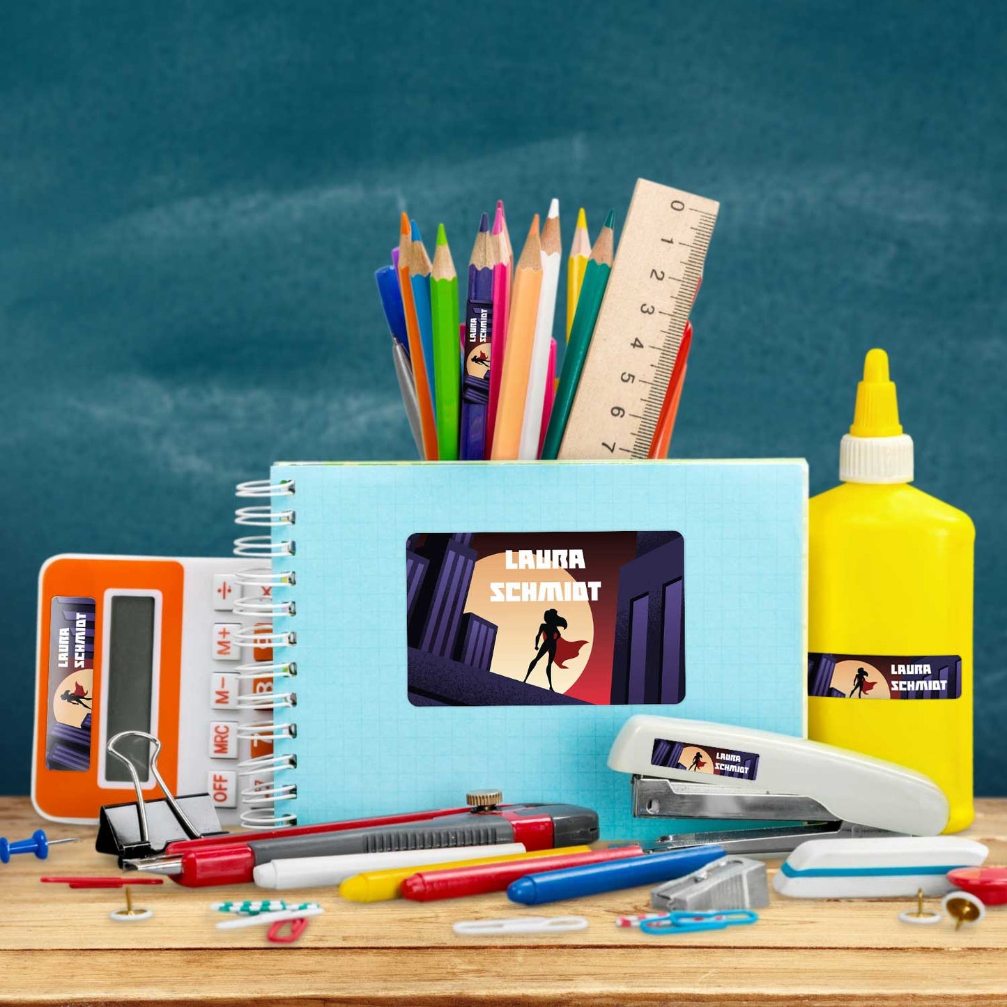 Schuletiketten mit Namen - Superheld Design - 100 Aufkleber in verschiedenen Größen