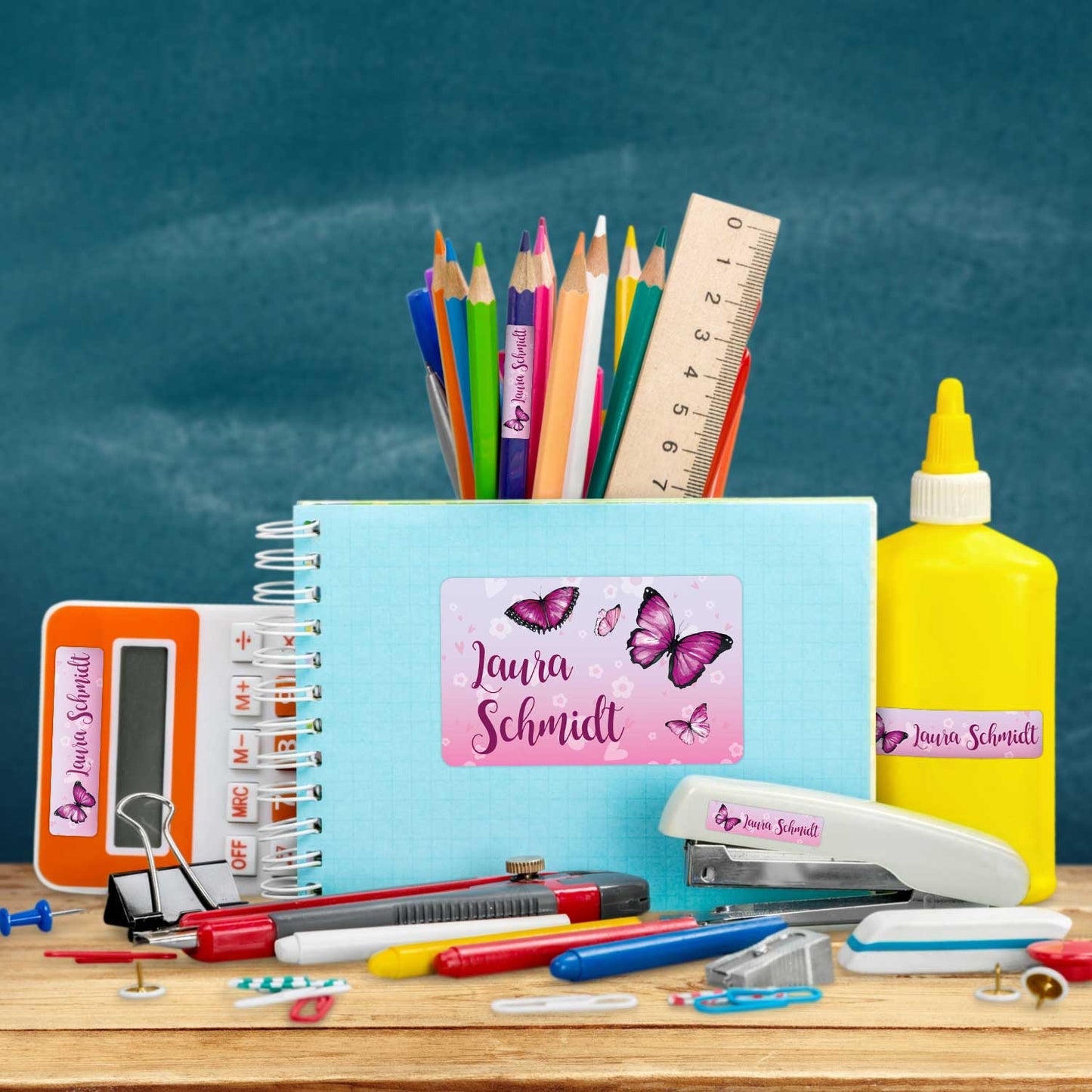 Schuletiketten mit Namen - Schmetterling Design - 100 Aufkleber in verschiedenen Größen