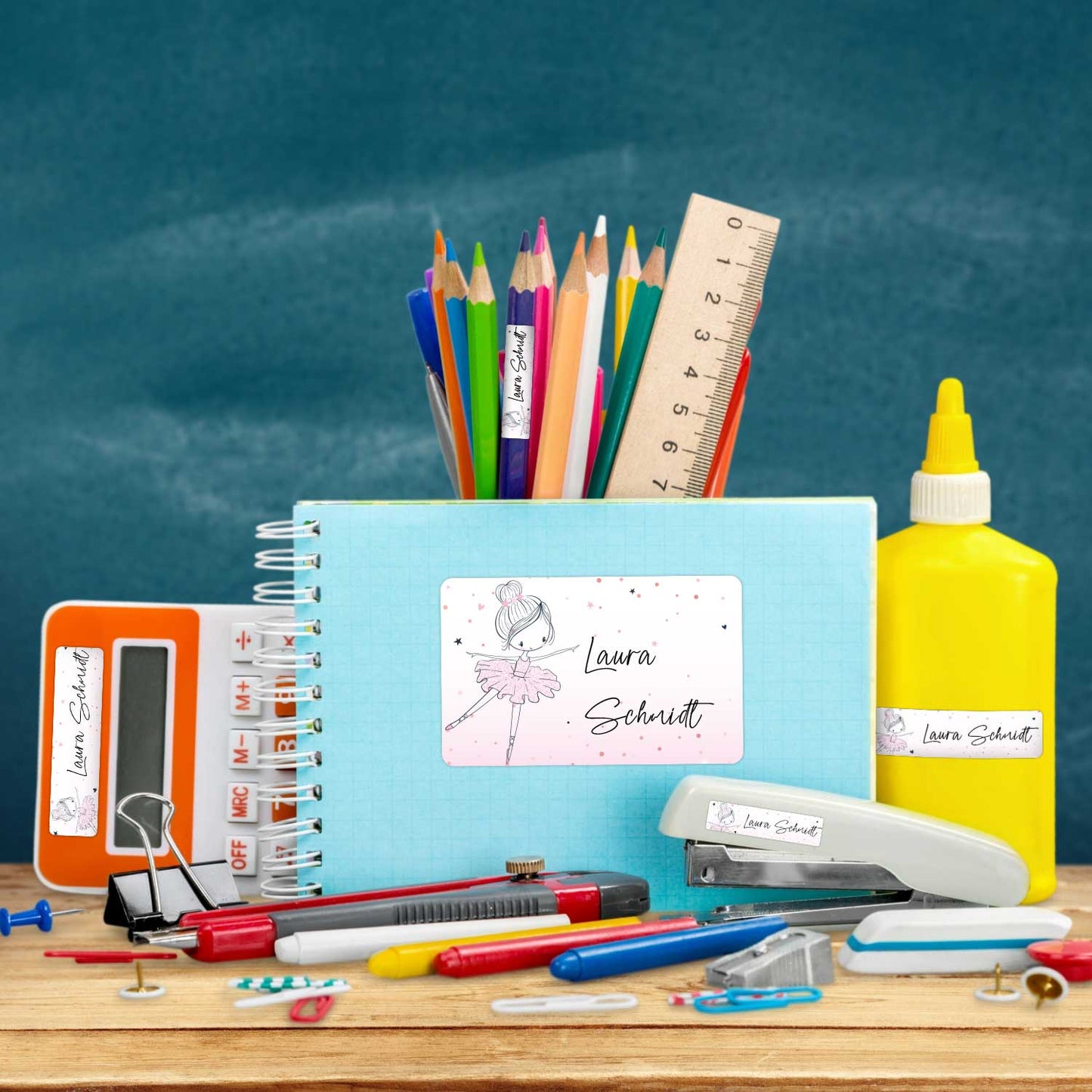 Schuletiketten mit Namen - Ballerina Design - 100 Aufkleber in verschiedenen Größen