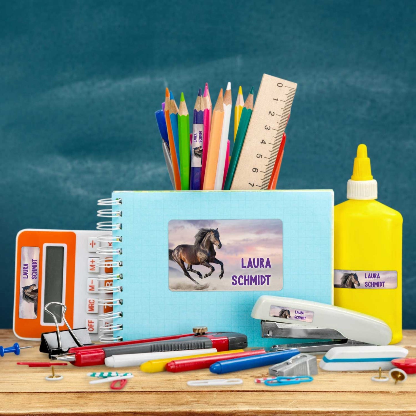 Schuletiketten mit Namen - Pferd Design - 100 Aufkleber in verschiedenen Größen
