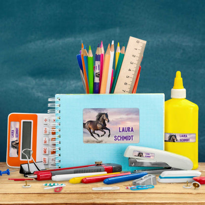 Schuletiketten mit Namen - Pferd Design - 100 Aufkleber in verschiedenen Größen