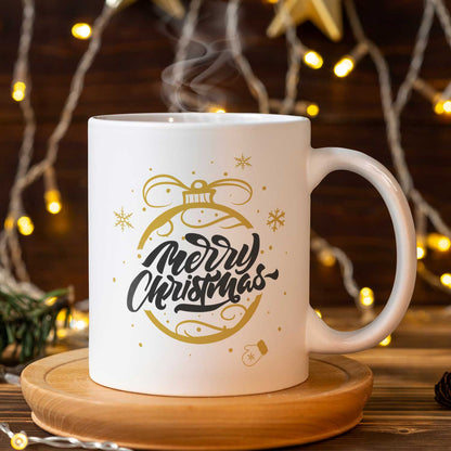 Bedruckte Tasse mit Weihnachtsmotiv im Weihnachtskugel Gold Design