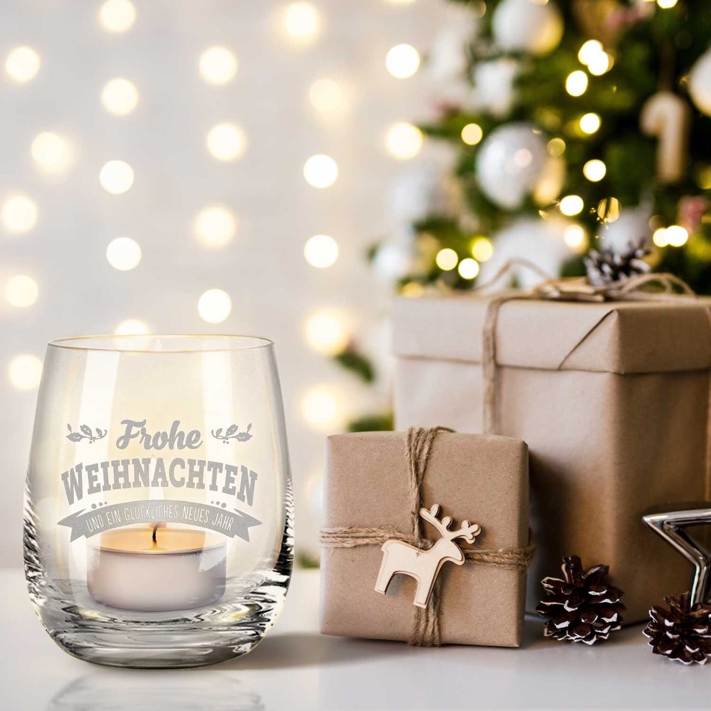 Teelicht mit Gravur - Weihnachtsdeko - Frohe Weihnachten, Glückliches neues Jahr