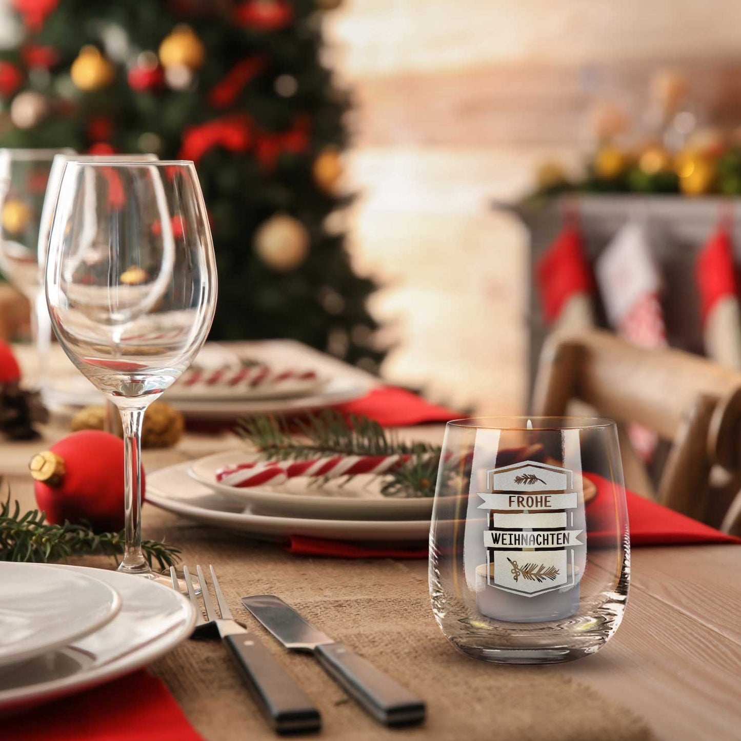 Teelicht mit Gravur - Weihnachtsdeko - Frohe Weihnachten Ast
