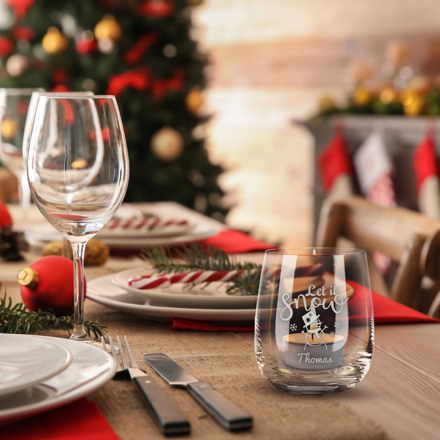Teelicht mit Gravur - Weihnachtsdeko - Let it snow - Personalisiert mit Name