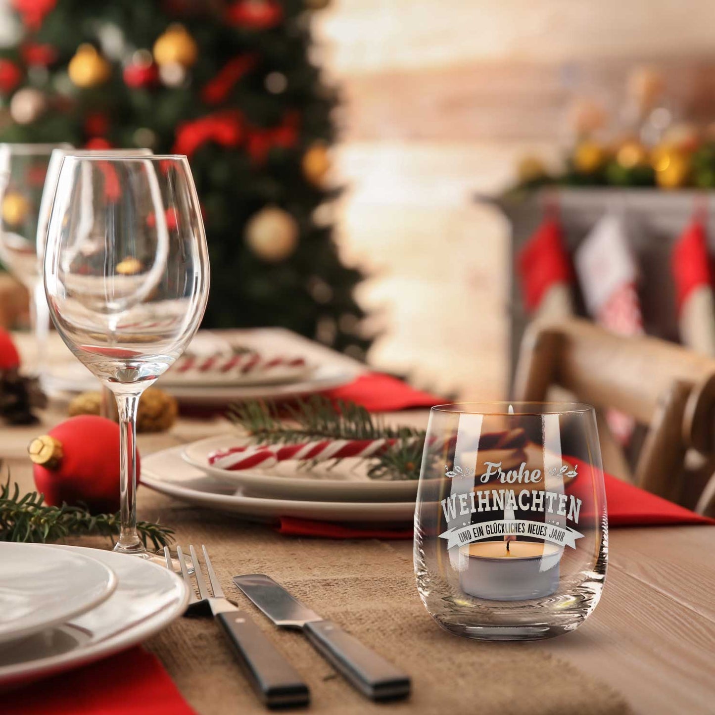 Teelicht mit Gravur - Weihnachtsdeko - Frohe Weihnachten, Glückliches neues Jahr