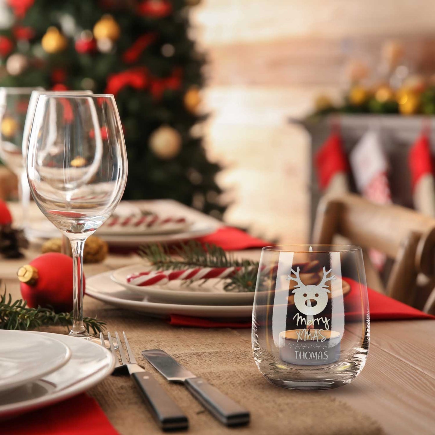 Teelicht mit Gravur - Weihnachtsdeko - Merry X Mas - Personalisiert mit Name