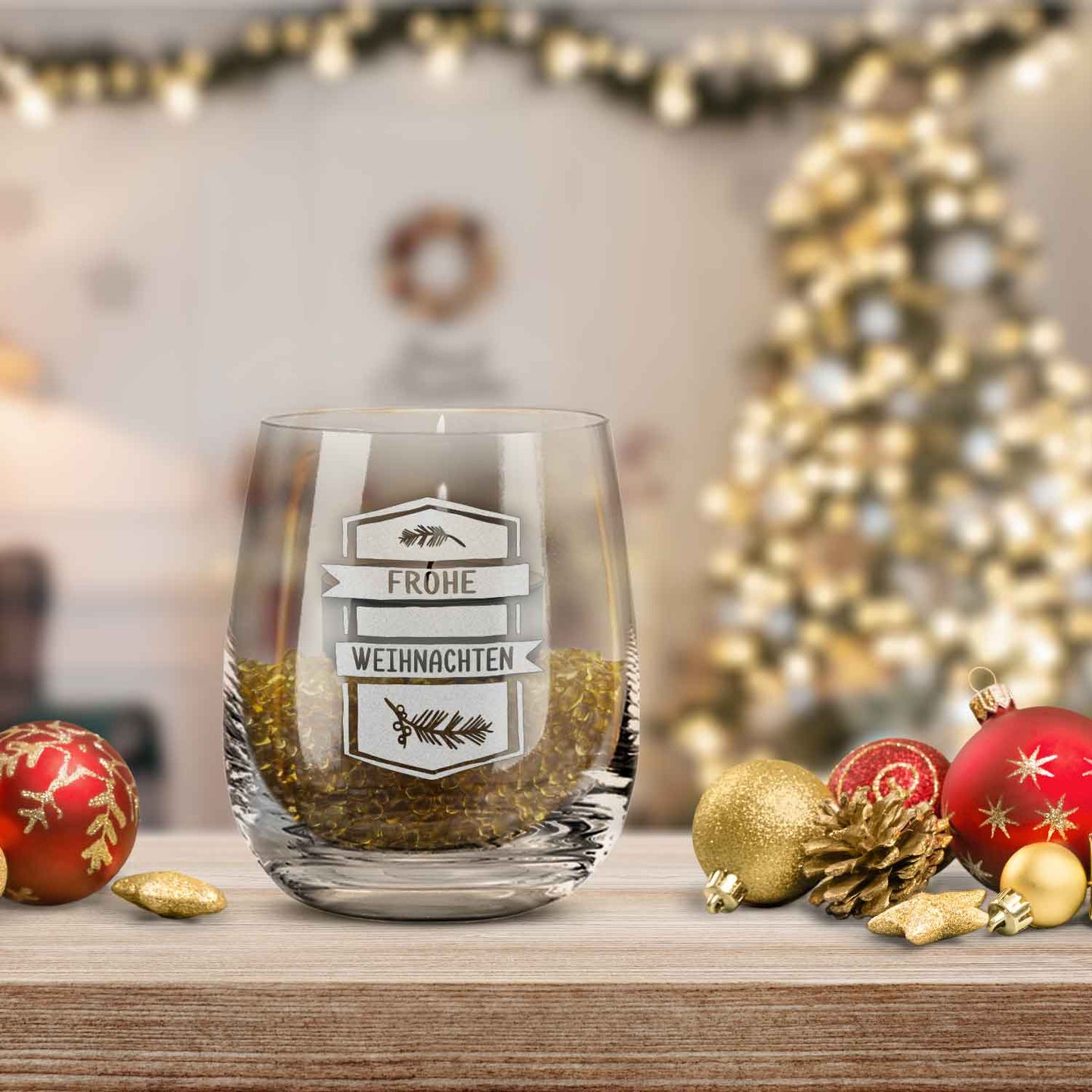 Teelicht mit Gravur - Weihnachtsdeko - Frohe Weihnachten Ast