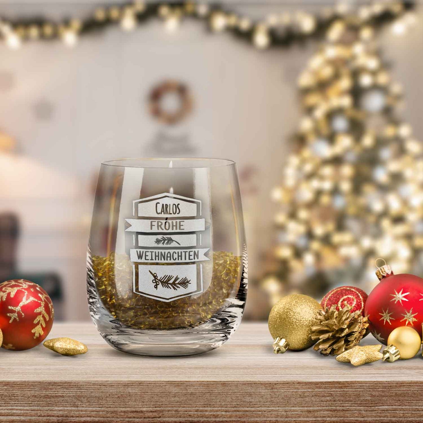 Teelicht mit Gravur - Weihnachtsdeko - Frohe Weihnachten Ast - Personalisiert mit Name