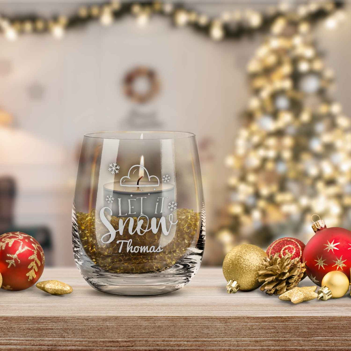 Teelicht mit Gravur - Weihnachtsdeko - Let it snow Wolke - Personalisiert mit Name