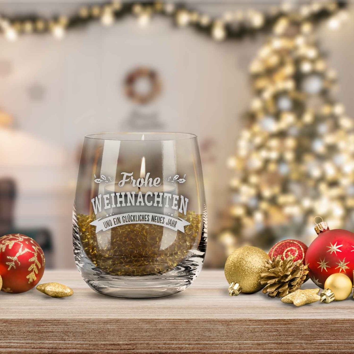 Teelicht mit Gravur - Weihnachtsdeko - Frohe Weihnachten, Glückliches neues Jahr