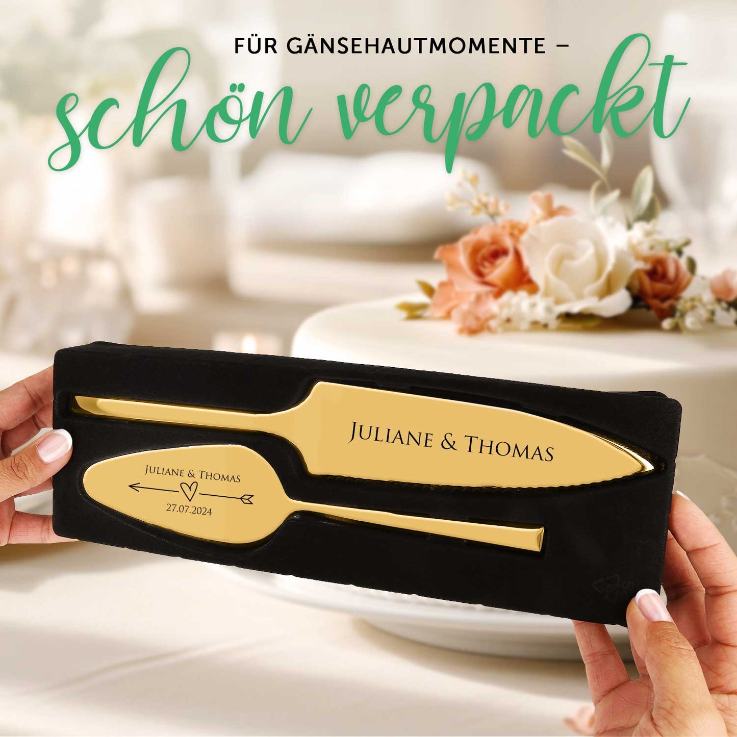 Tortenbesteck im Set - Pfeil - Mit persönlicher Gravur als Geschenk zur Hochzeit