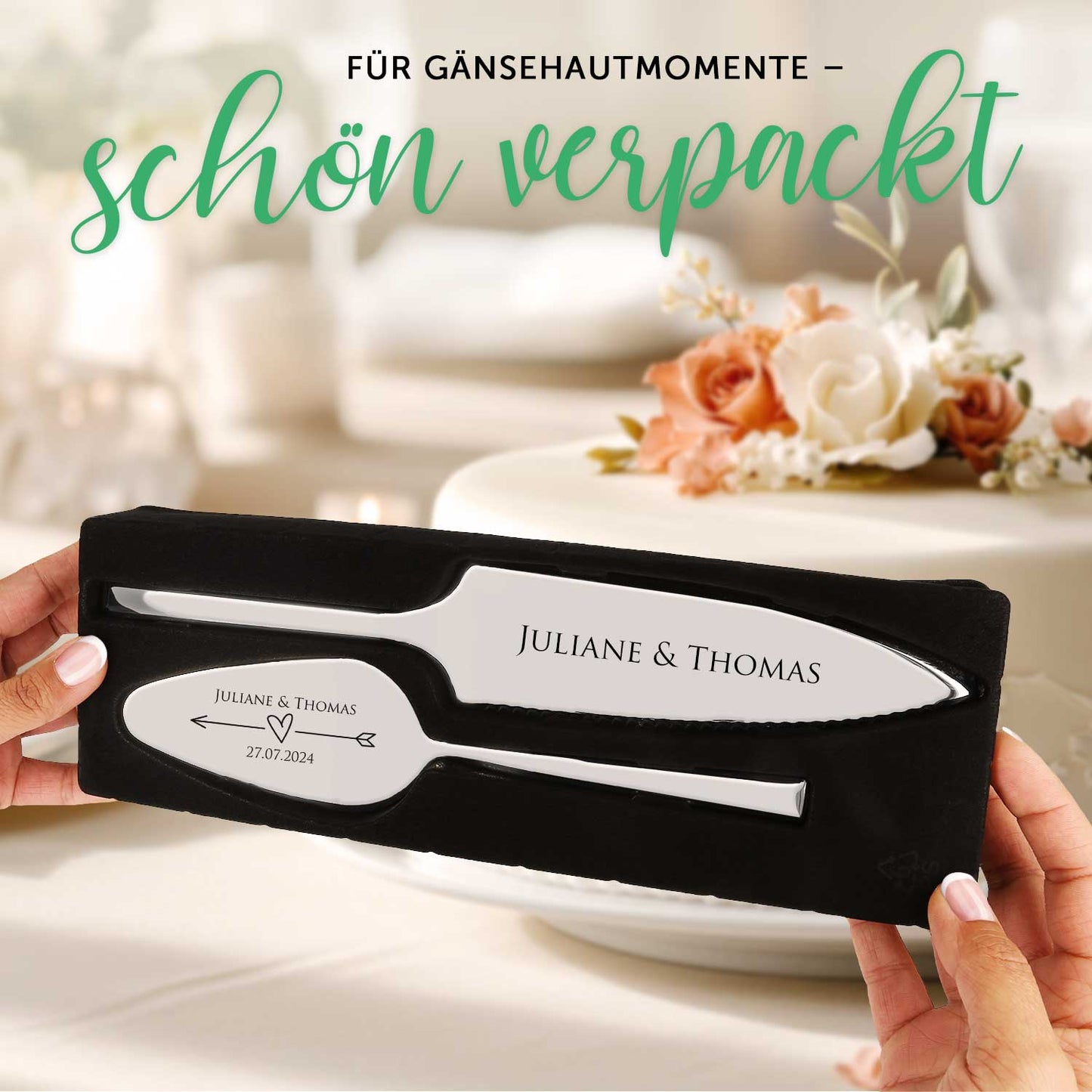 Tortenbesteck im Set - Herzen - Mit persönlicher Gravur als Geschenk zur Hochzeit