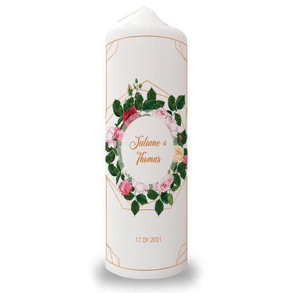Große Kerze "Rosen" - Hochzeitskerze mit Namen, Datum & Wunschtext