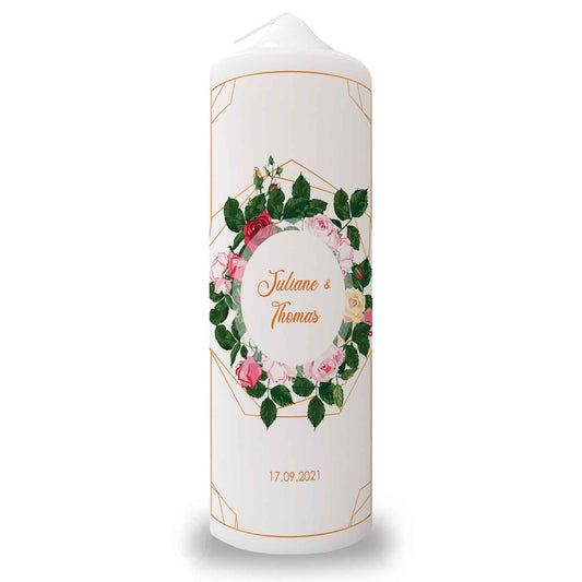 Große Kerze "Rosen" - Hochzeitskerze mit Namen, Datum & Wunschtext