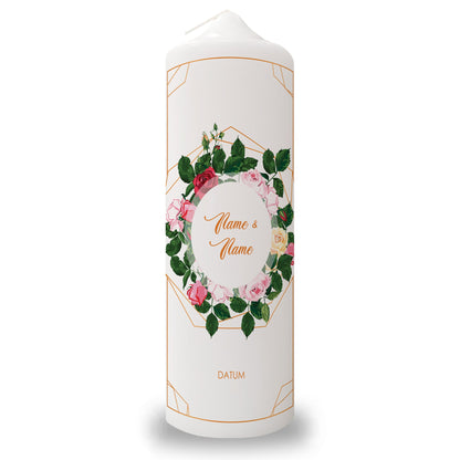 Große Kerze "Rosen" - Hochzeitskerze mit Namen, Datum & Wunschtext
