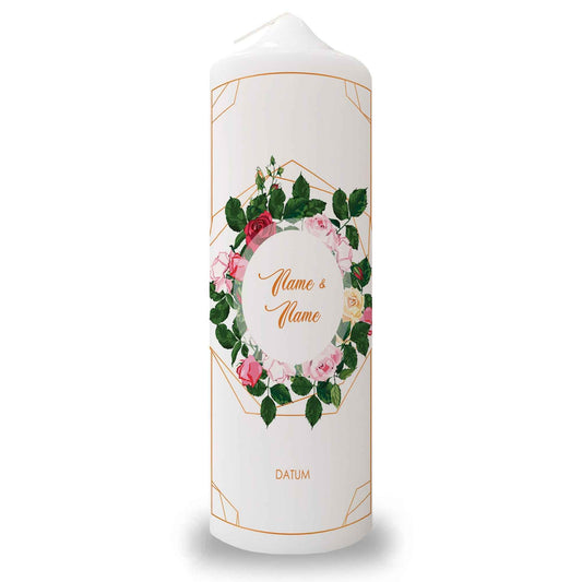 Große Kerze "Rosen" - Hochzeitskerze mit Namen, Datum & Wunschtext