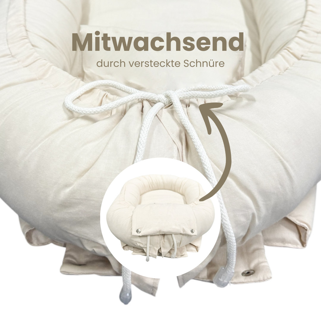 Babynestchen Musselin Herzen braun – Weicher mitwachsender Baby-Kokon