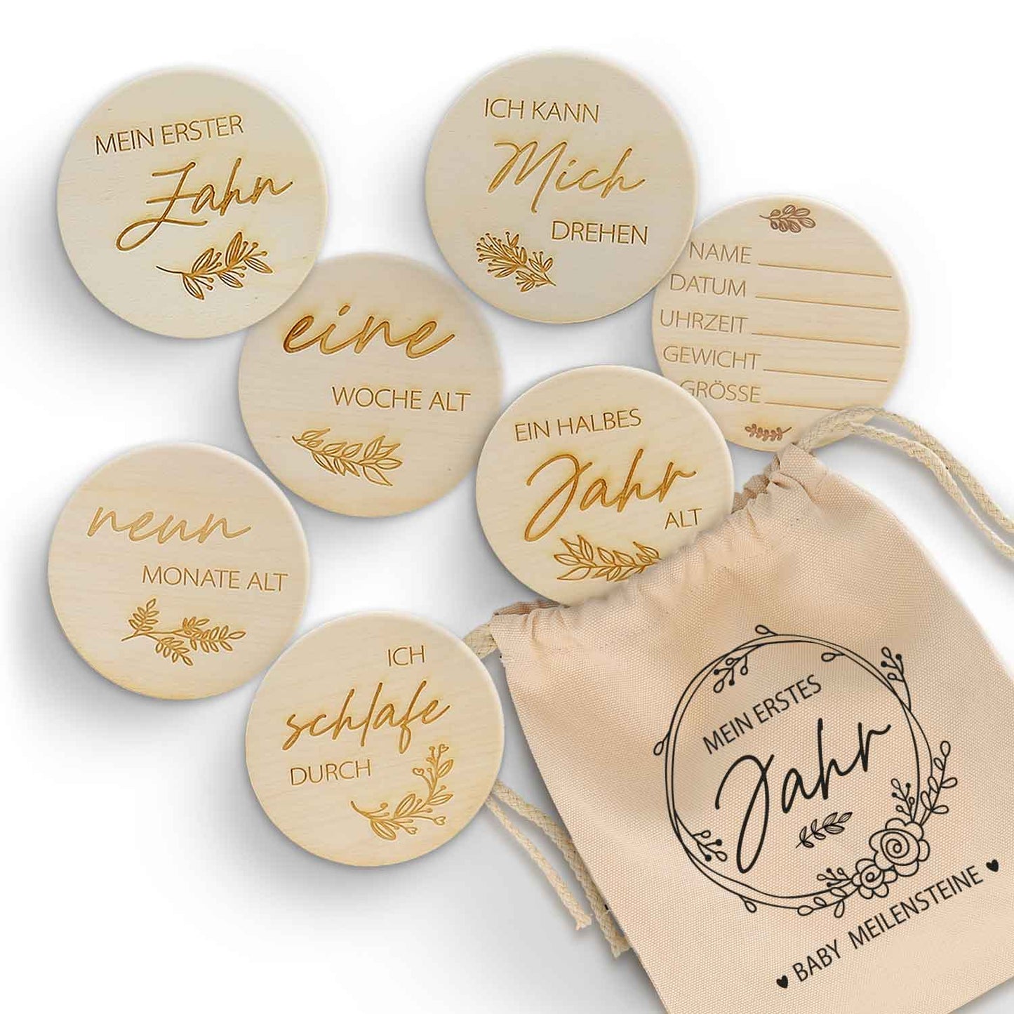 Gravierte Meilensteinkarten aus Holz - Mein erstes Jahr - mit Stoffbeutel als Geschenk