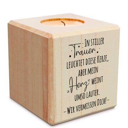 Trauerlicht - Teelichthalter mit Gravur aus Holz - Grabschmuck