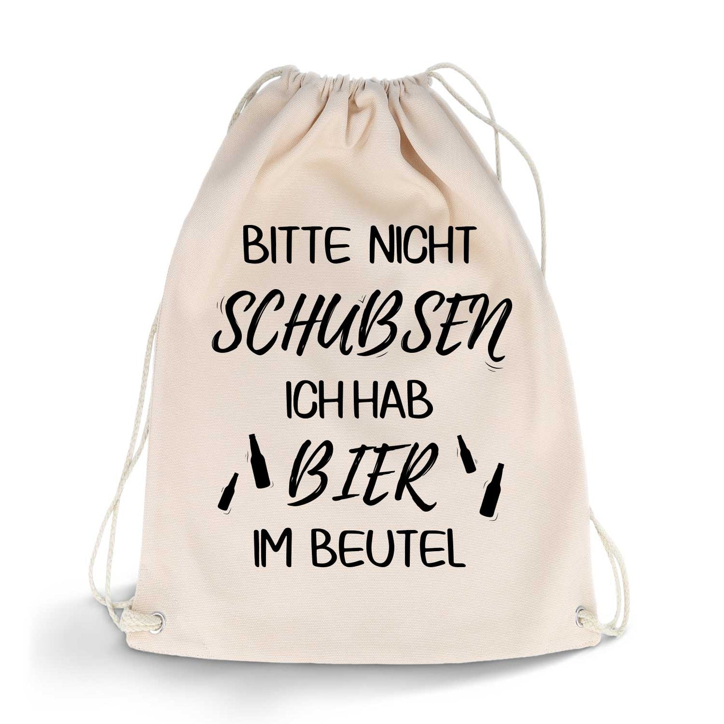 Bedruckter Turnbeutel mit Spruch Bier im Beutel