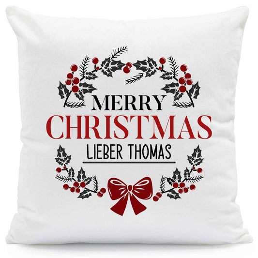 Kissen mit Weihnachtsmotiv und Name - Merry Christmas Kranz - Weihnachtsdeko - Für Frauen & Männer