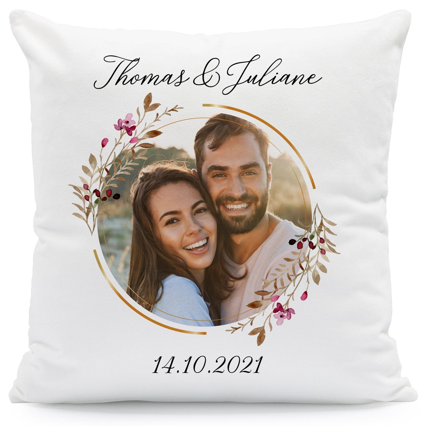 Bedrucktes Kissen Floralkreis mit Foto & Namen