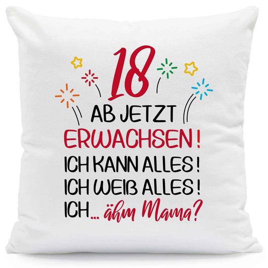 Bedrucktes Kissen mit Motiv Ab jetzt erwachsen 18