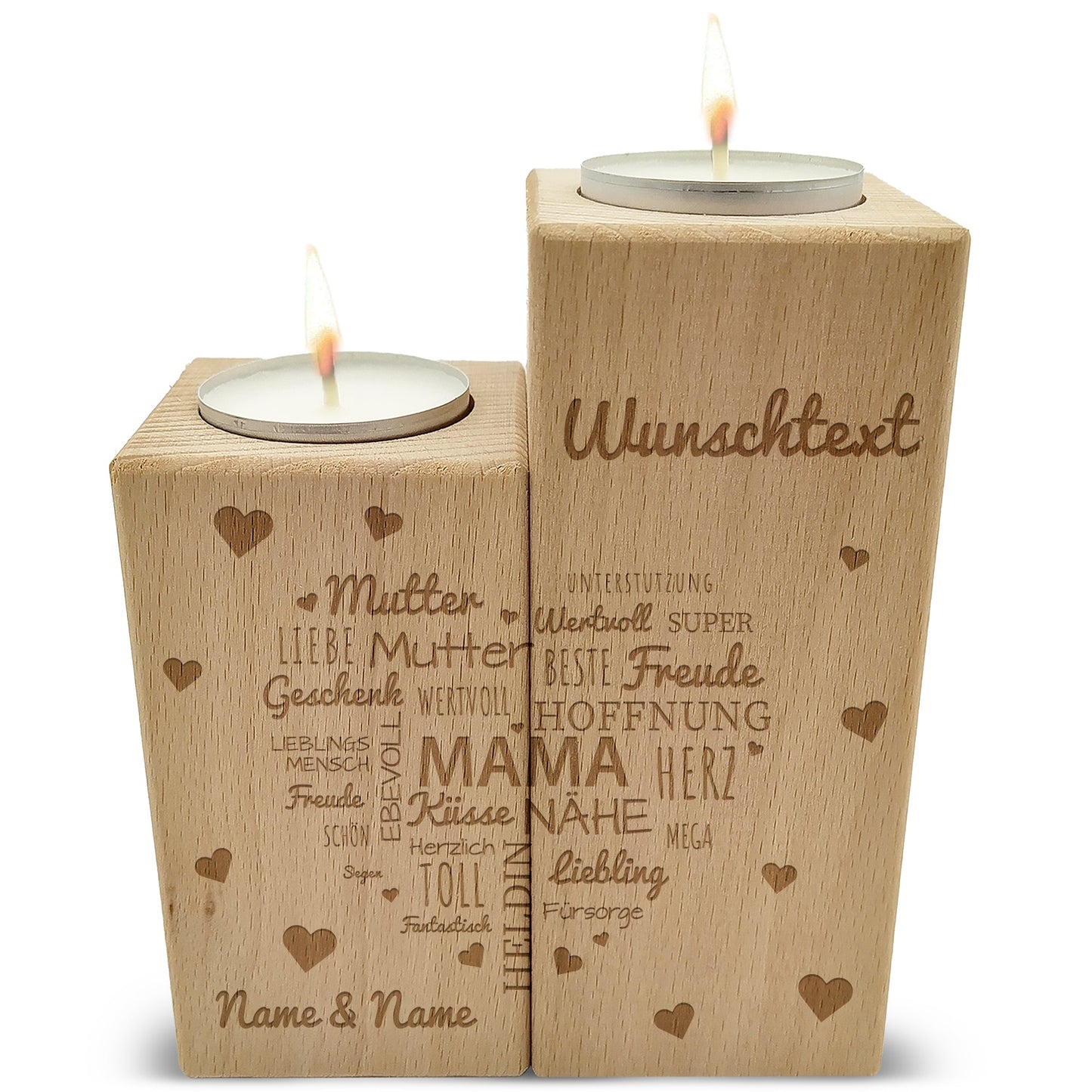 Gravierter Teelichthalter aus Holz im Set mit Namensherz Mama Design
