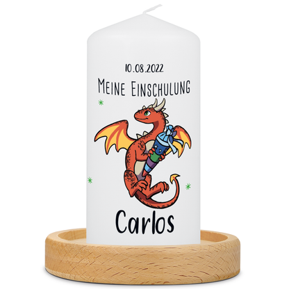 Kleine Kerze "Drache" mit Namen und Datum zur Einschulung