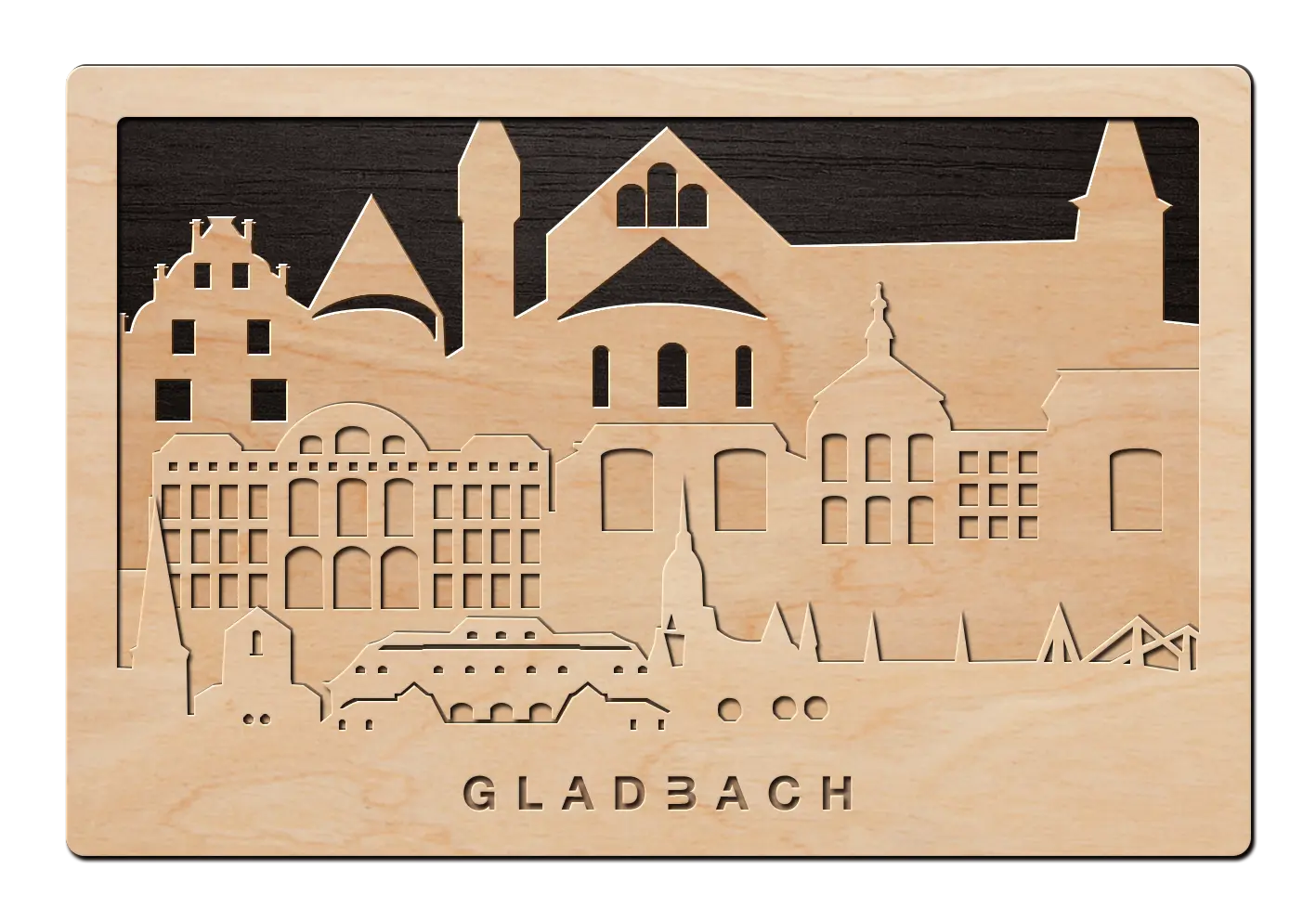 3D Wandbild aus Holz Skyline Gladbach 2017
