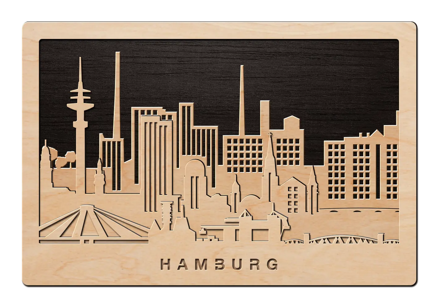 3D Wandbild aus Holz Skyline Hamburg 2017
