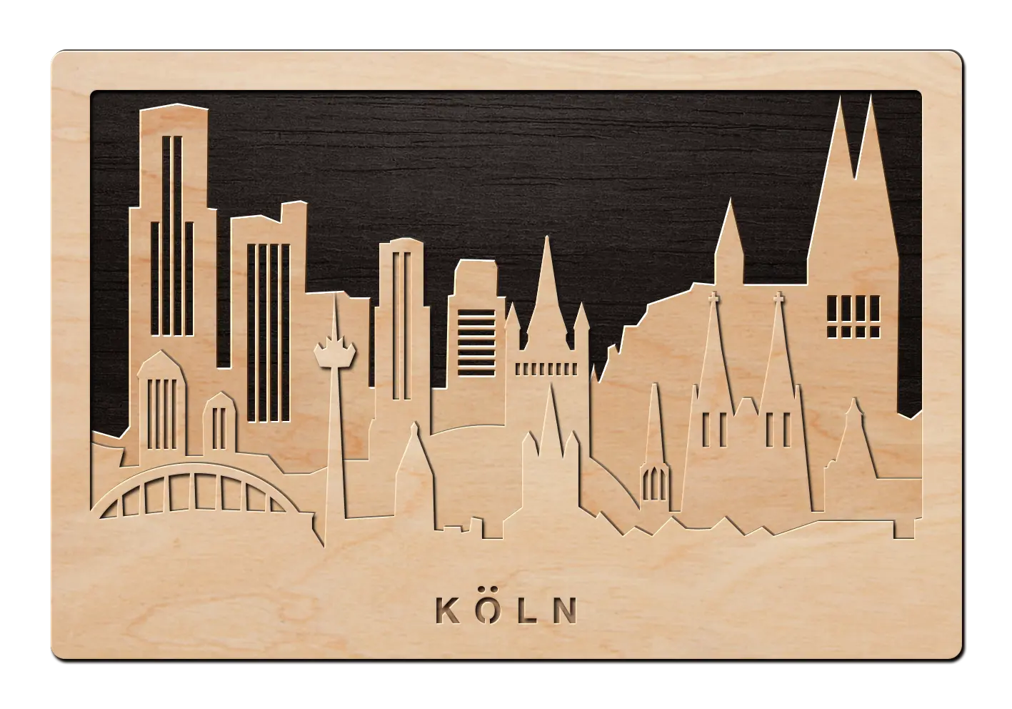 3D Wandbild aus Holz Skyline Köln 2017
