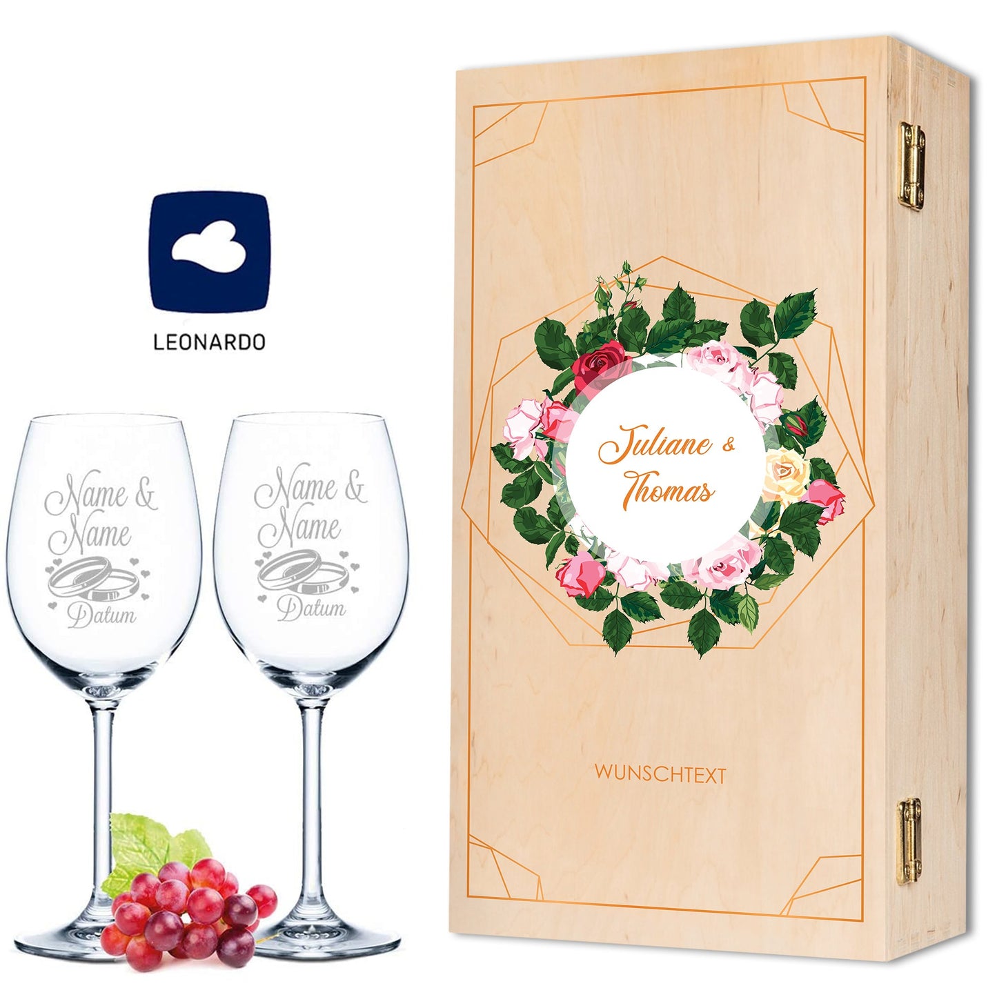 Leonardo Weingläser mit Gravur "Summer & Flower" Design als Set inkl. bedruckter Holzkiste