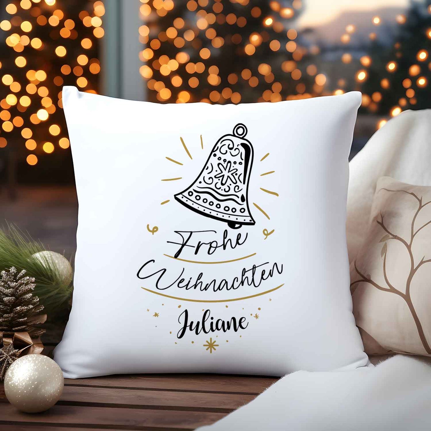 Kissen mit Weihnachtsmotiv und Namen - Weihnachtsglocke  - Weihnachtsdeko - Geschenk für Sie & Ihn