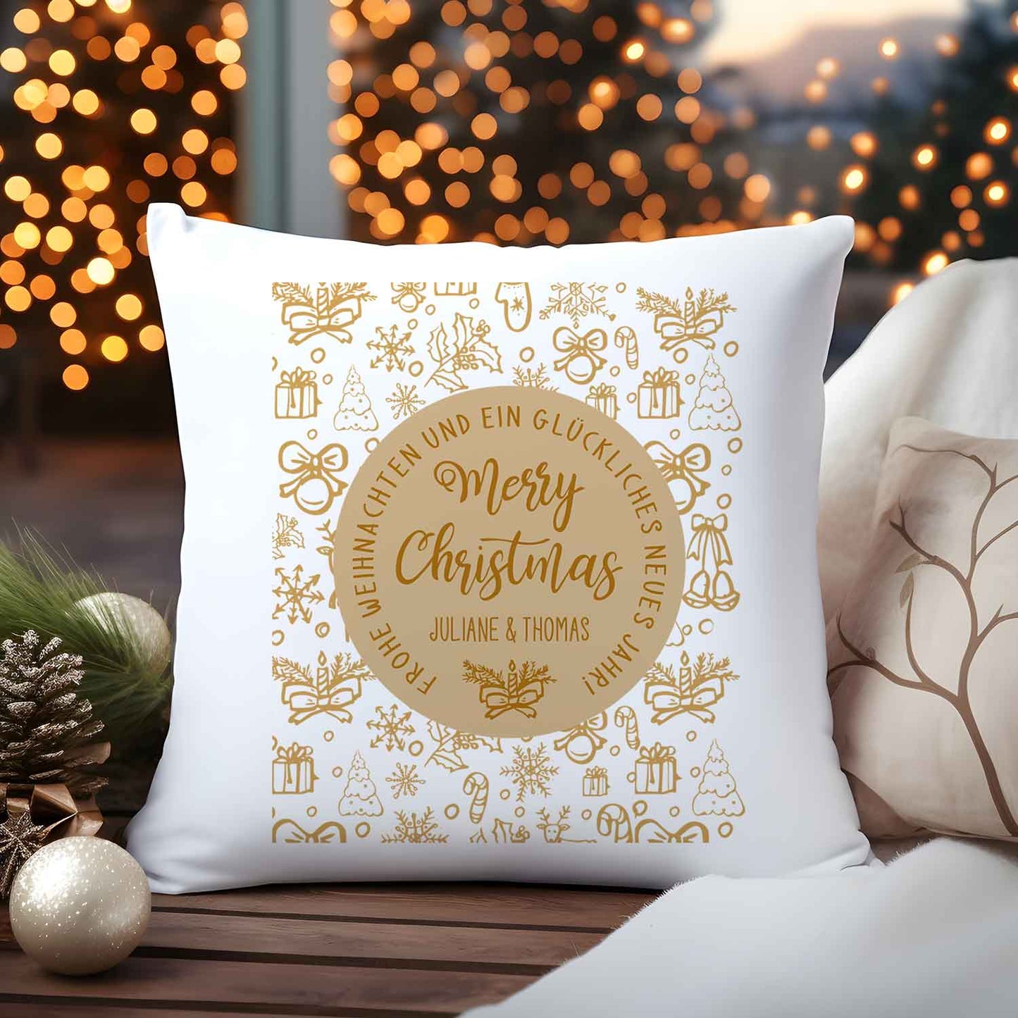 Kissen mit Weihnachtsmotiv und Name - Merry Christmas Brown - Weihnachtsdeko - Für Sie & Ihn