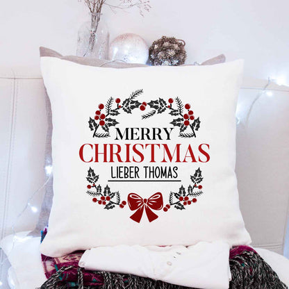 Kissen mit Weihnachtsmotiv und Name - Merry Christmas Kranz - Weihnachtsdeko - Für Frauen & Männer