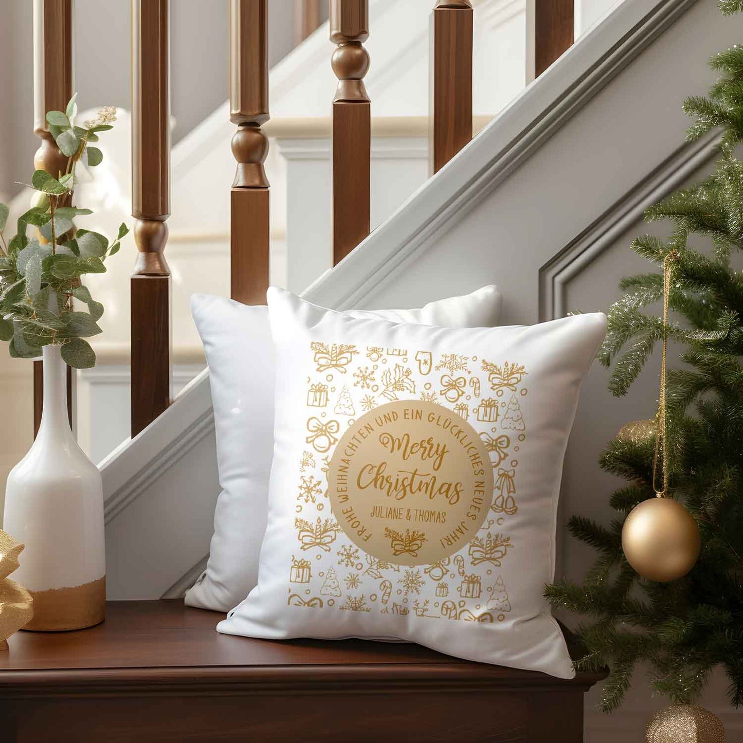 Kissen mit Weihnachtsmotiv und Name - Merry Christmas Brown - Weihnachtsdeko - Für Sie & Ihn