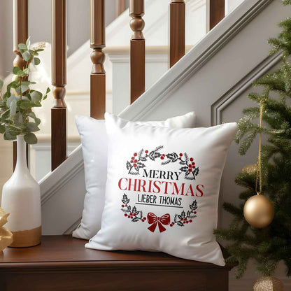 Kissen mit Weihnachtsmotiv und Name - Merry Christmas Kranz - Weihnachtsdeko - Für Frauen & Männer