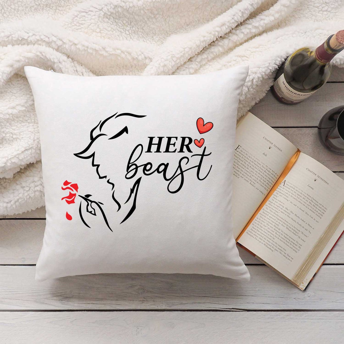 Bedrucktes Kissen mit Spruch Beauty & Beast im Set