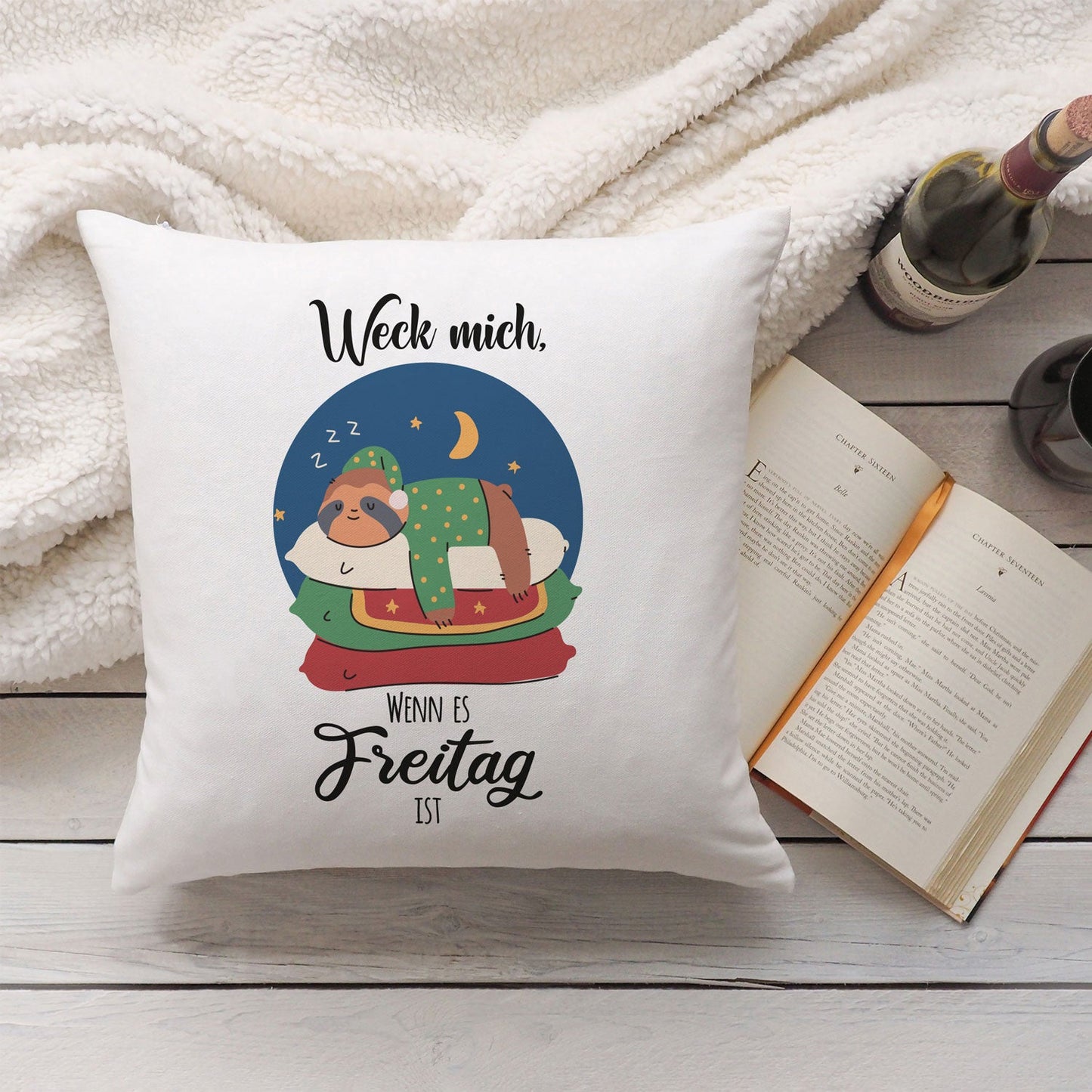 Bedrucktes Kissen mit Spruch Weck mich wenn es Freitag ist