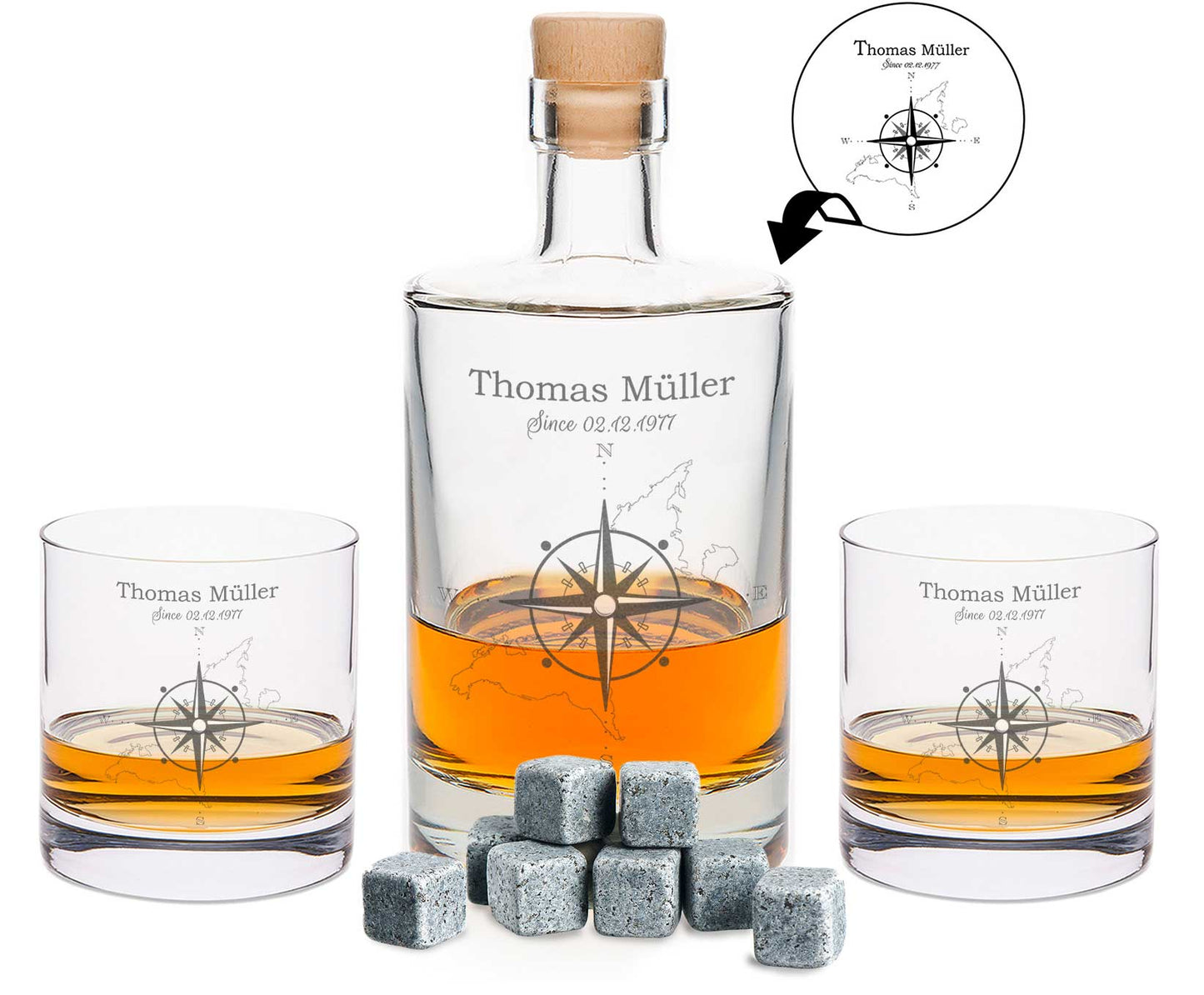 Leonardo Whiskygläser mit Gravur - "Kompass" im Set mit 0,5l Karaffe