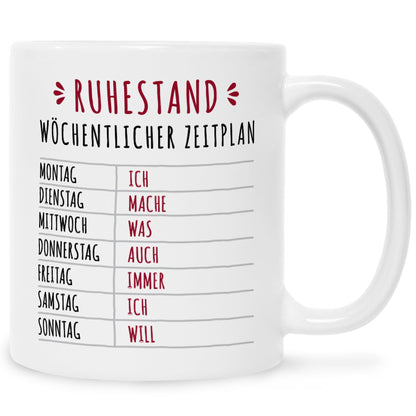 Bedruckte Tasse mit Spruch Ruhestand Plan