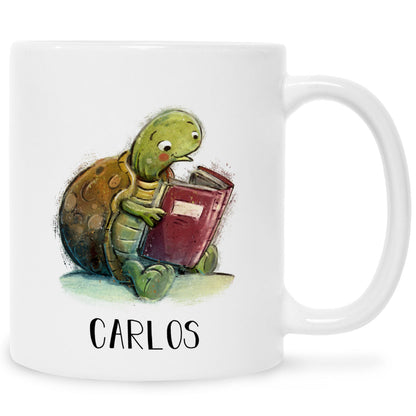 Bedruckte Tasse mit Name - Lesende Schildkröte