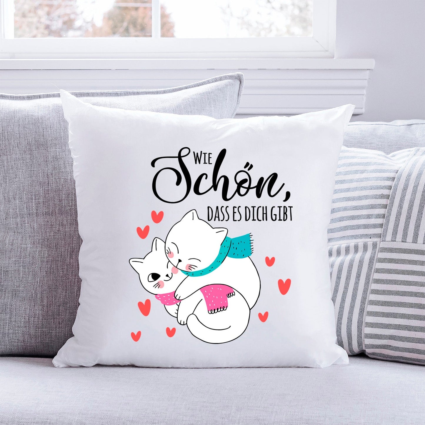Bedrucktes Kissen mit Spruch Wie schön, dass es dich gibt